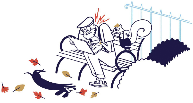 Illustration of man on bench with laptop, dog, squirrel and computer 