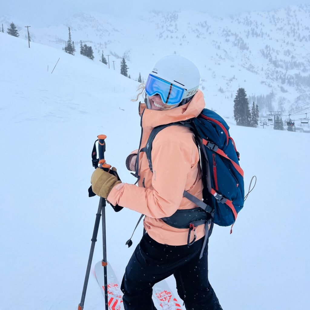 Clair May skiing